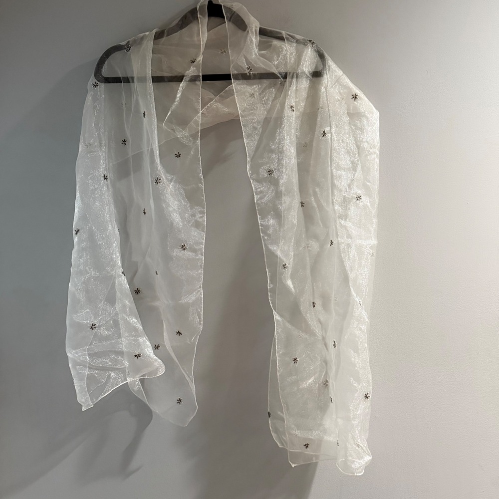 Unbranded Scarf Womens OS White Good Sheer Organza Beaded‎ Shimmer Wrap Floral